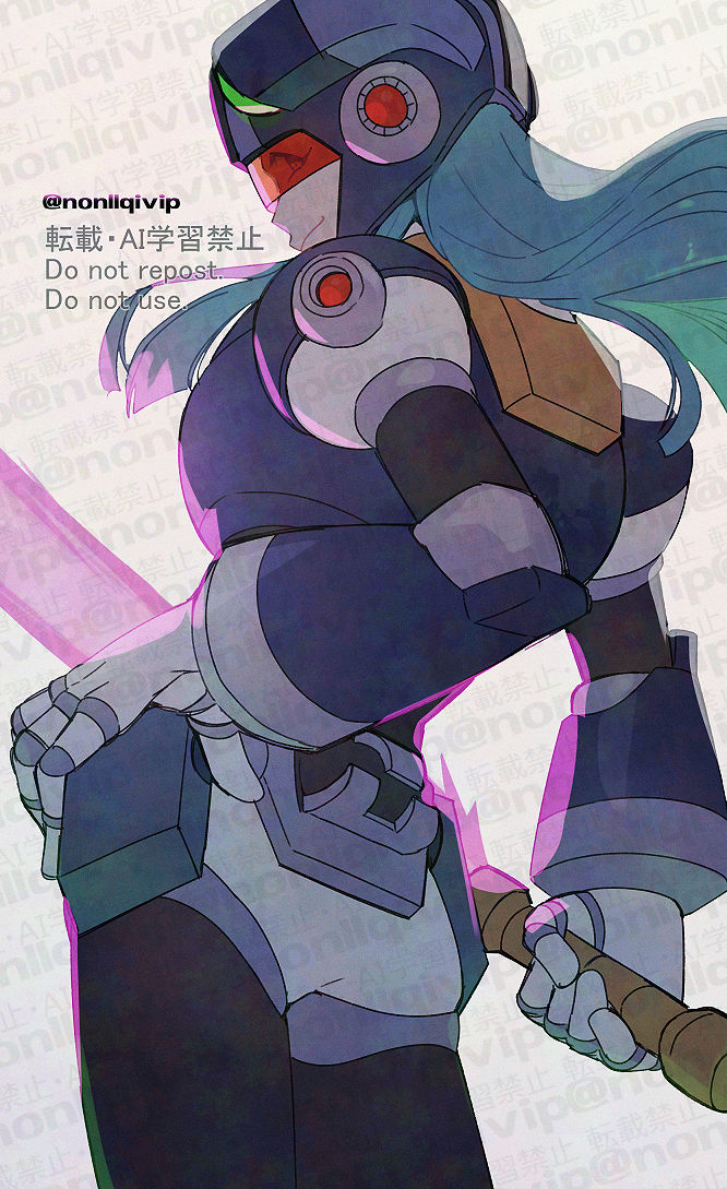 1boy, assault_visor, cowboy_shot, dynamo_man, energy_sword, from_behind, holding, holding_sword