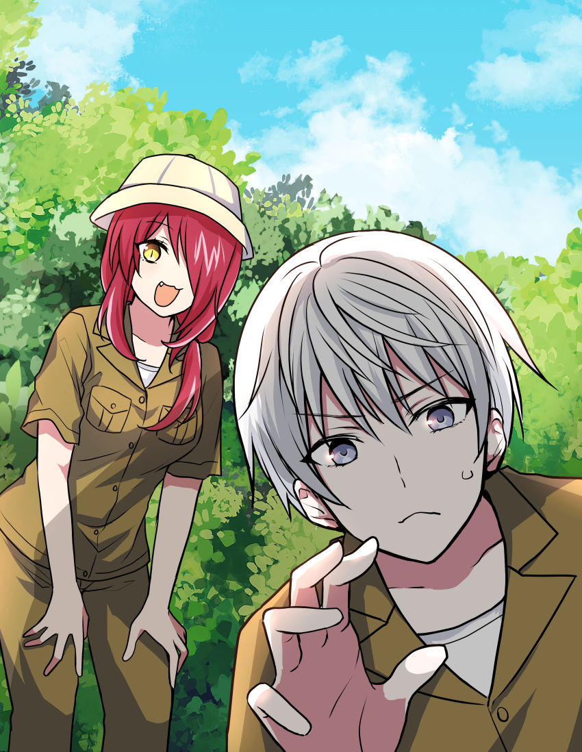 1boy, 1girl, :d, absurdres, brown_jacket, brown_pants, clouds, collarbone