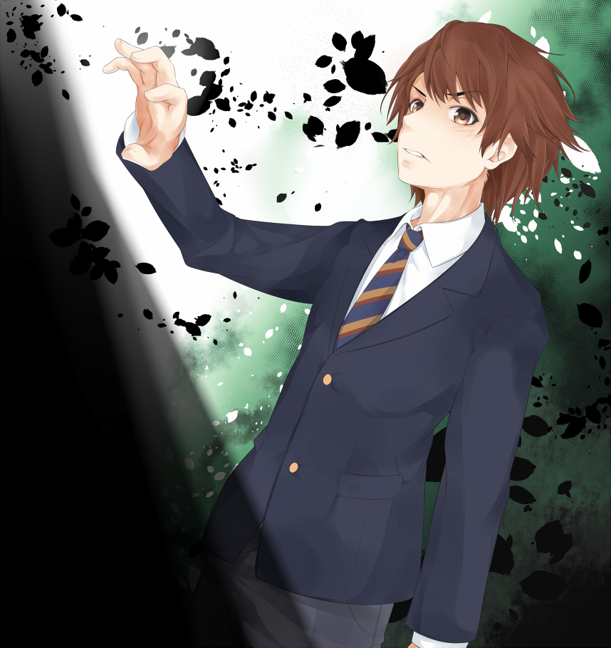 1boy, brown_eyes, brown_hair, buttons, collared_shirt, commentary_request, cowboy_shot, green_background