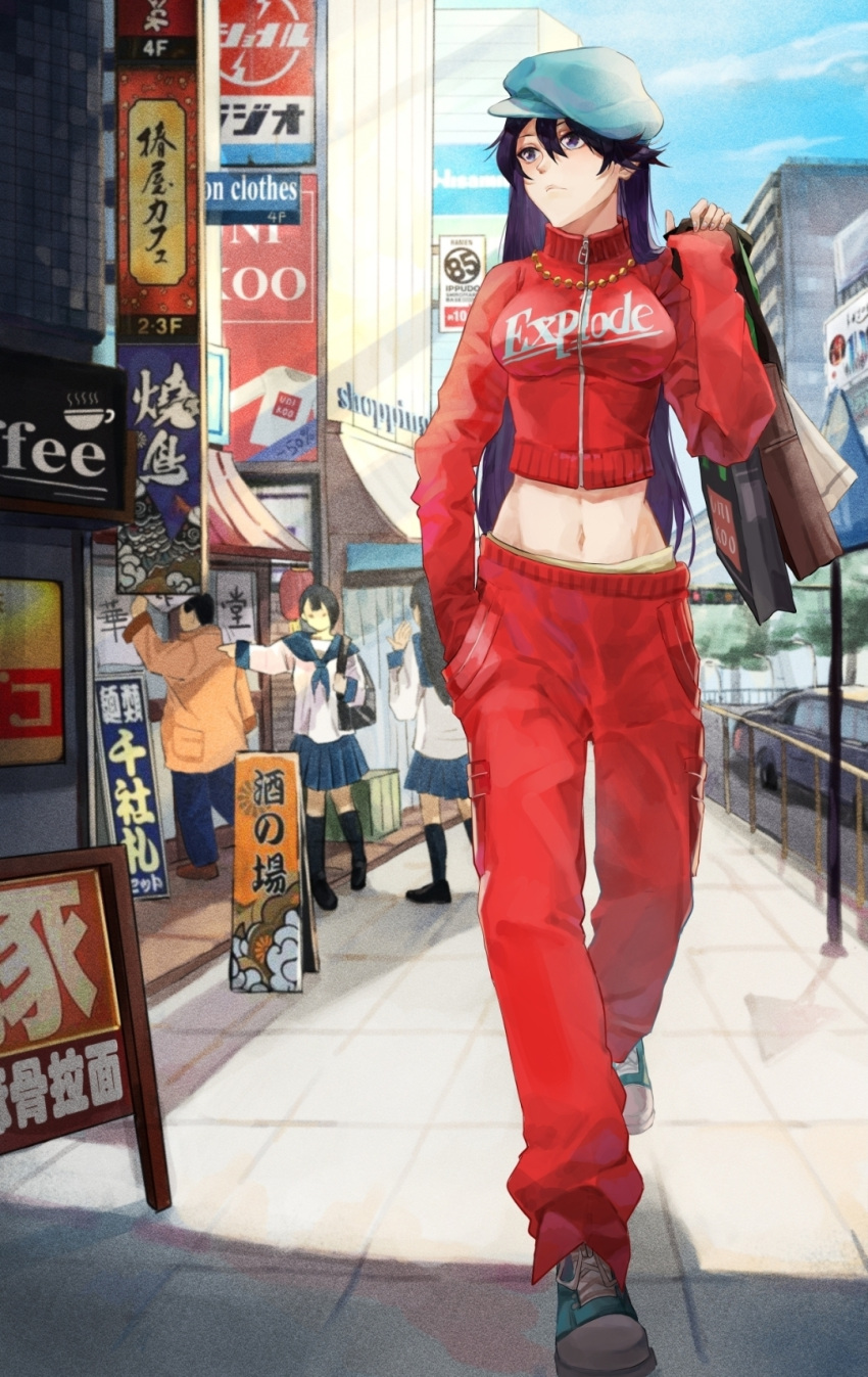 1girl, bag, bambietta_basterbine, beret, black_hair, bleach, bleach:_sennen_kessen-hen, blue_footwear