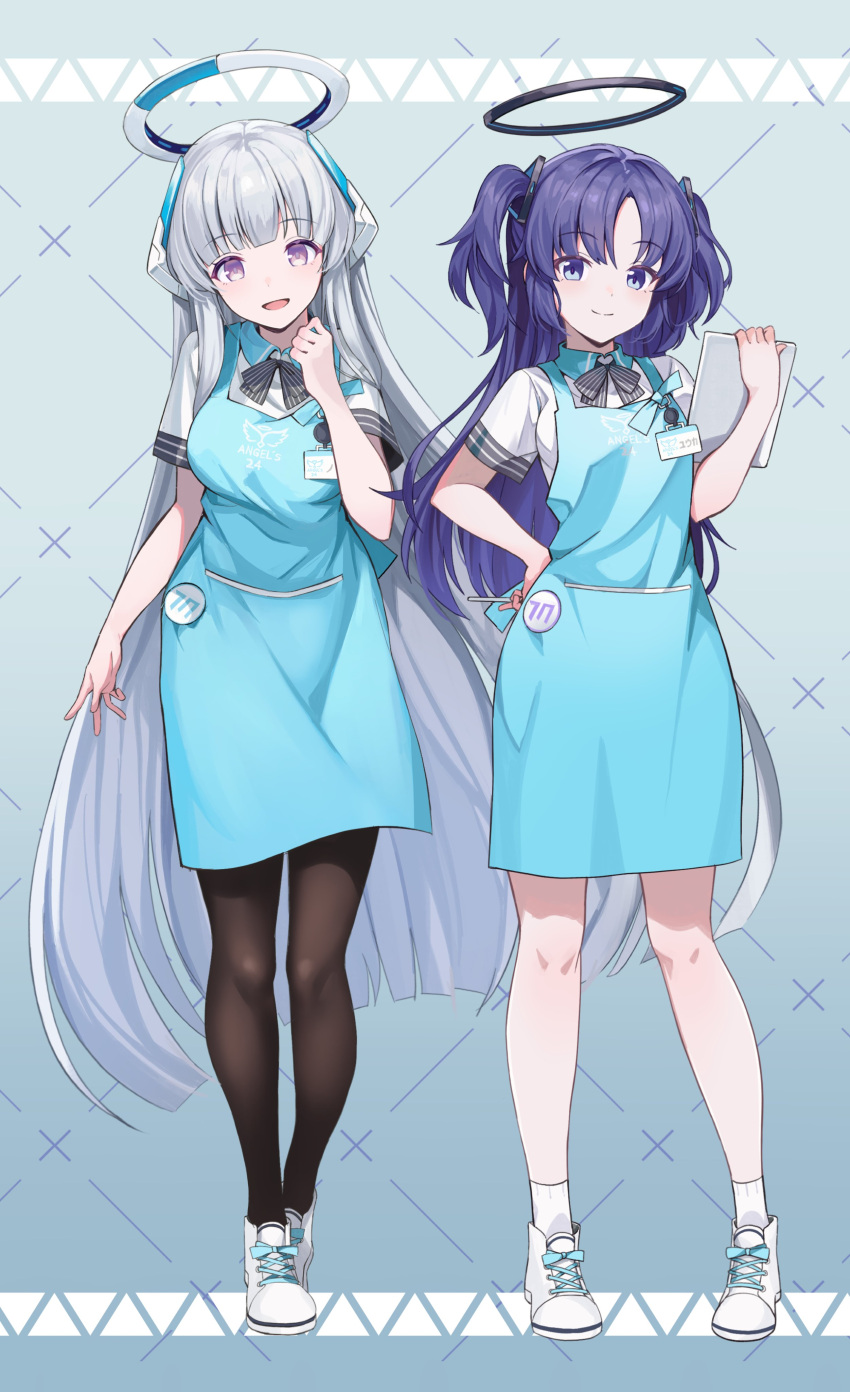 2girls, absurdres, alternate_costume, angel's_24_uniform_(blue_archive), black_pantyhose, blue_archive, blunt_bangs, bow, bowtie, closed_mouth, cross-laced_footwear, full_body, grey_hair, hand_up, highres, long_hair, looking_at_viewer, multiple_girls, noa_(blue_archive), open_mouth, pantyhose, purple_hair, shirt, shoes, short_sleeves, smile, socks, standing, striped_bow, striped_bowtie, striped_clothes, ttt_(xtttx), two_side_up, very_long_hair, violet_eyes, white_footwear, white_shirt, white_socks, yuuka_(blue_archive)