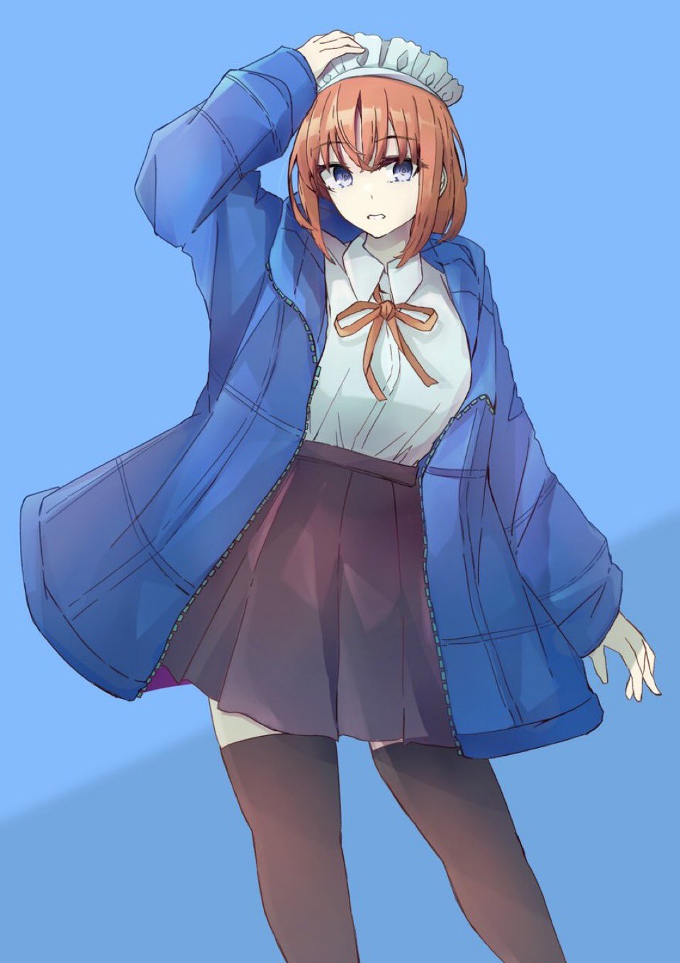 1girl, blue_background, blue_eyes, blue_jacket, bow, breasts, hand_up, highres