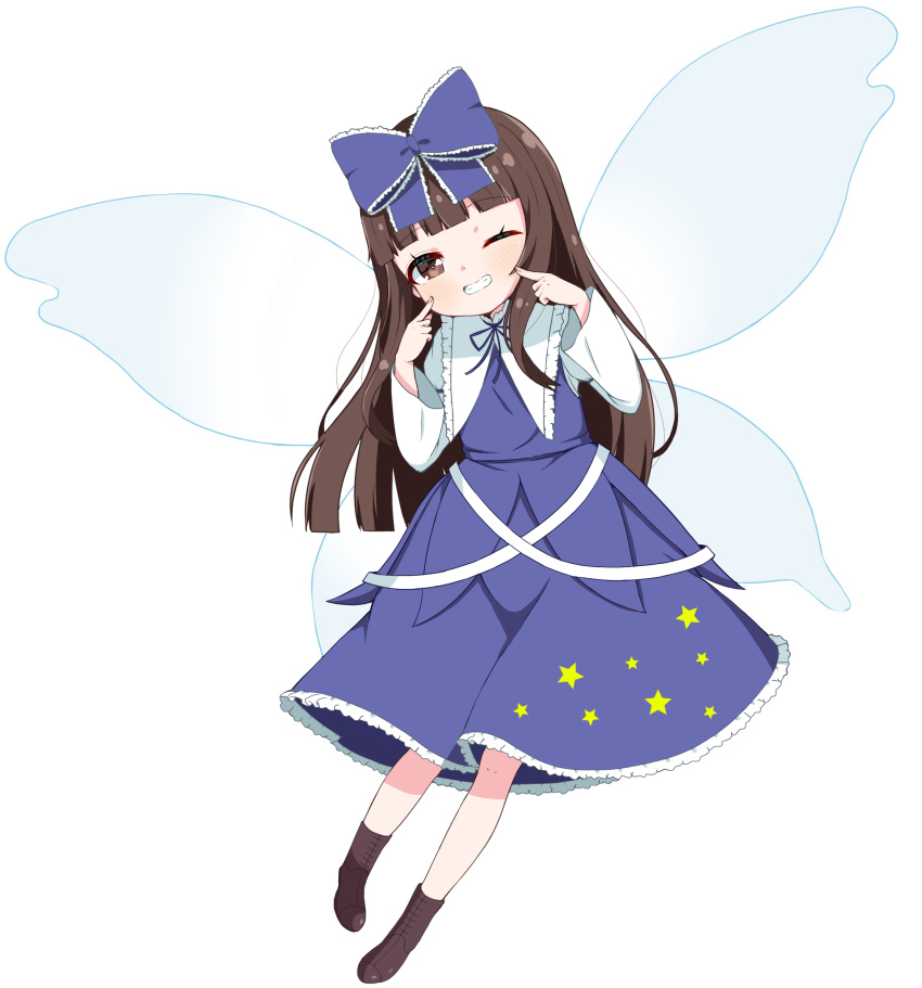 1girl, crys_(dai), fairy_wings, finger_to_cheek, full_body, grin, hands_up, highres