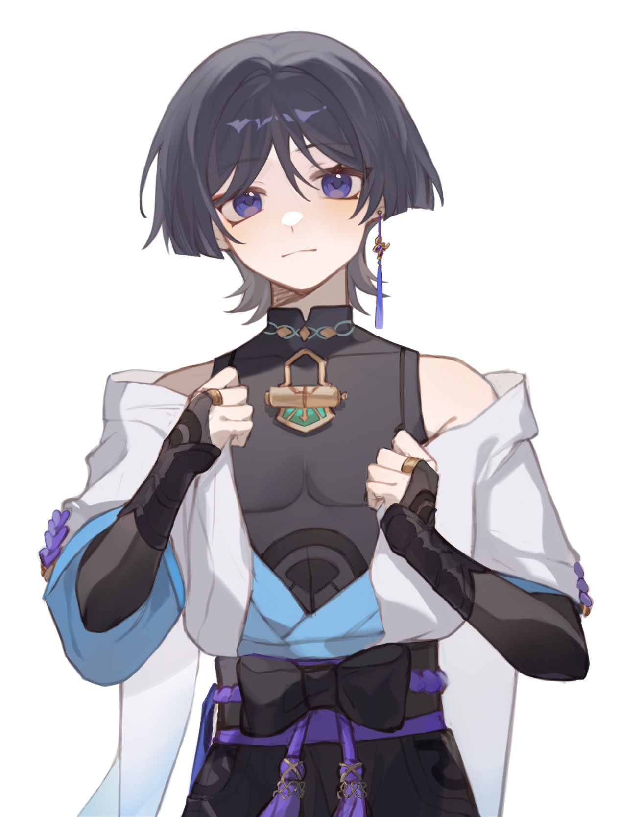 1boy, armor, bare_shoulders, black_bodysuit, black_bow, black_bridal_gauntlets, black_hair, black_shorts