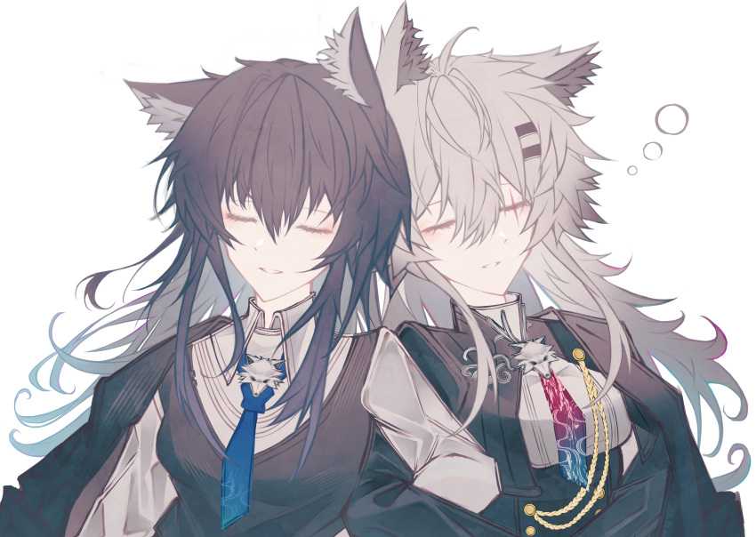 absurdres, animal_ear_fluff, animal_ears, arknights, black_cape, black_hair, black_jacket, black_vest, blue_necktie, cape, closed_eyes, collared_shirt, gloves, gradient_necktie, hair_between_eyes, hair_ornament, hairclip, high-waist_skirt, highres, jacket, jewelry, lappland_(arknights), lappland_the_decadenza_(arknights), long_hair, long_sleeves, messy_hair, necktie, parted_lips, red_necktie, scar, scar_across_eye, shirt, skirt, taymy, texas_(arknights), texas_the_omertosa_(arknights), two-tone_necktie, upper_body, vest, white_shirt, wolf_brooch, wolf_ears, wolf_girl