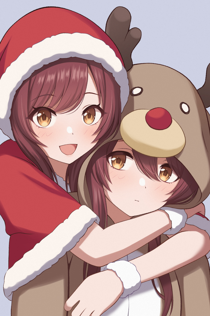 2girls, absurdres, animal_costume, animal_hood, antlers, blush, capelet, christmas