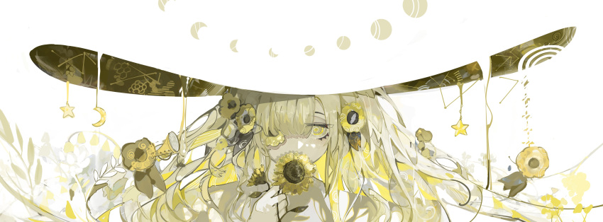1girl, absurdres, asamineru, blonde_hair, commentary, covering_own_mouth, crescent, flower