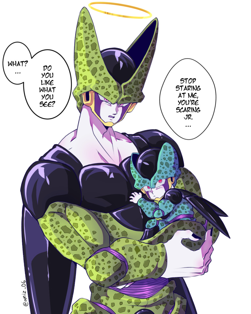 2boys, amiz06, artist_name, biceps, black_nails, blush, carrying, cell_(dragon_ball)