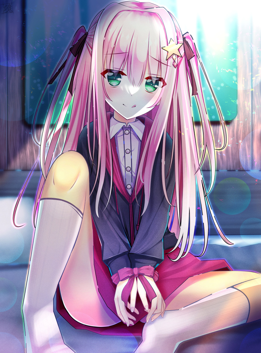 1girl, :q, absurdres, black_jacket, blurry, blurry_background, blush, bound