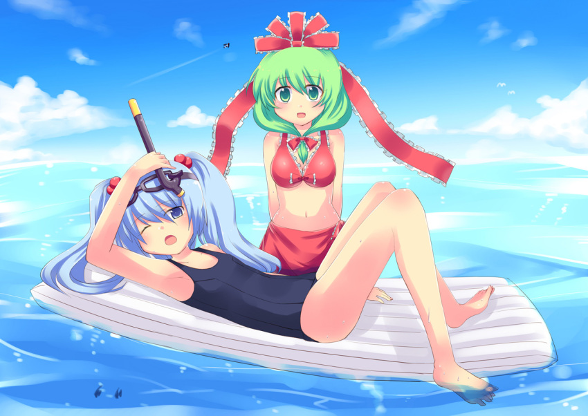 armpits, barefoot, bikini, bikini_top, blue_eyes, blue_hair, bow, contemporary