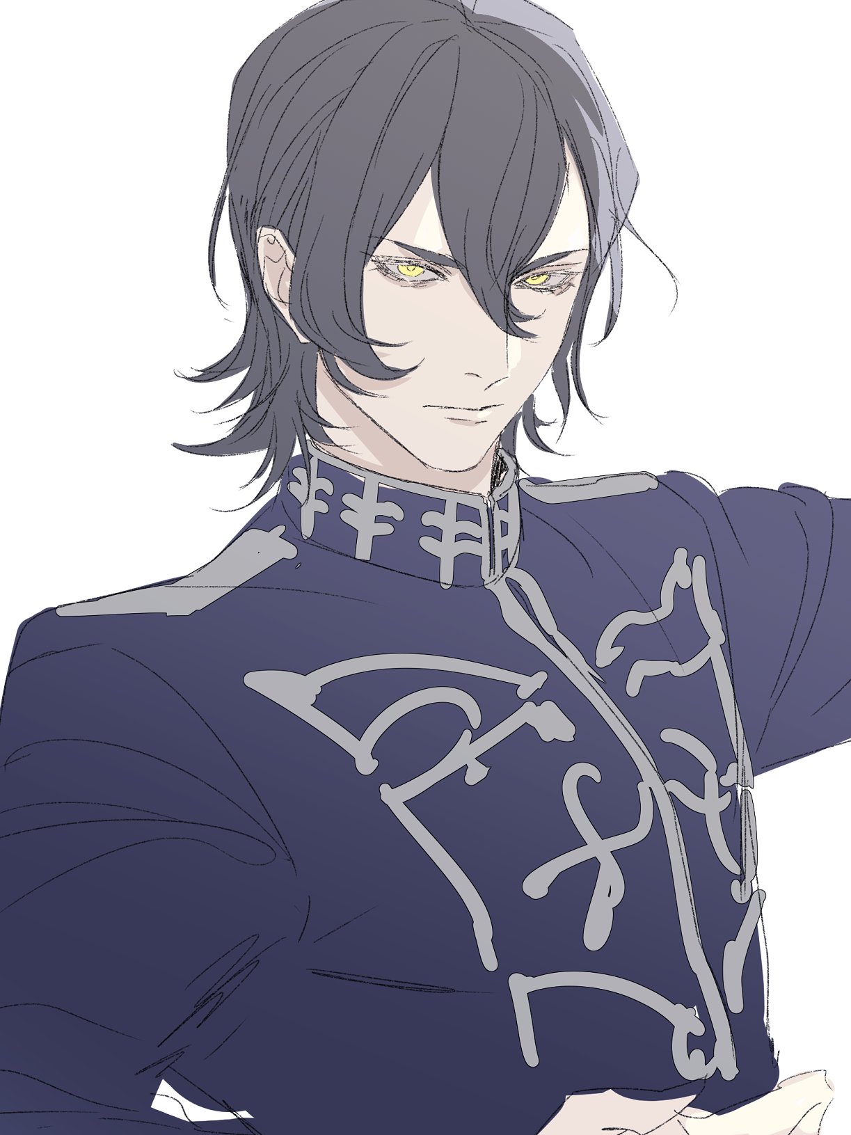 1boy, black_hair, closed_mouth, collared_shirt, commentary_request, hair_behind_ear, hair_between_eyes, highres, jack_jeanne, kuroda_matsurika, long_sleeves, looking_at_viewer, male_focus, mutsumi_kai, shirt, simple_background, solo, upper_body, white_background, yellow_eyes