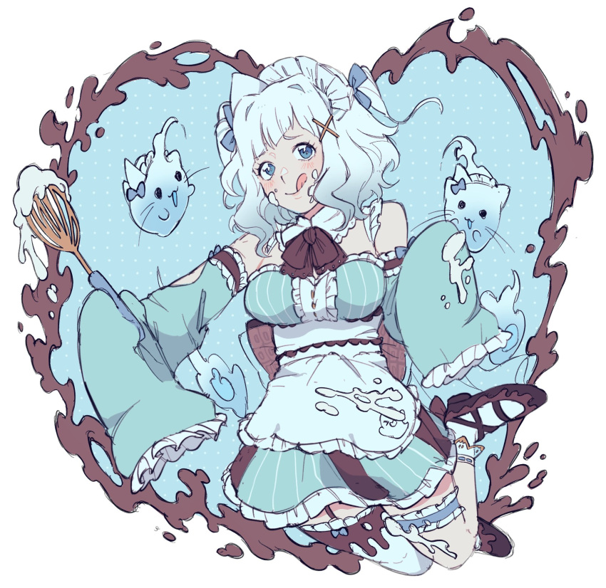 :q, apron, aqua_dress, aqua_sleeves, black_bow, black_skirt, blue_eyes, bow