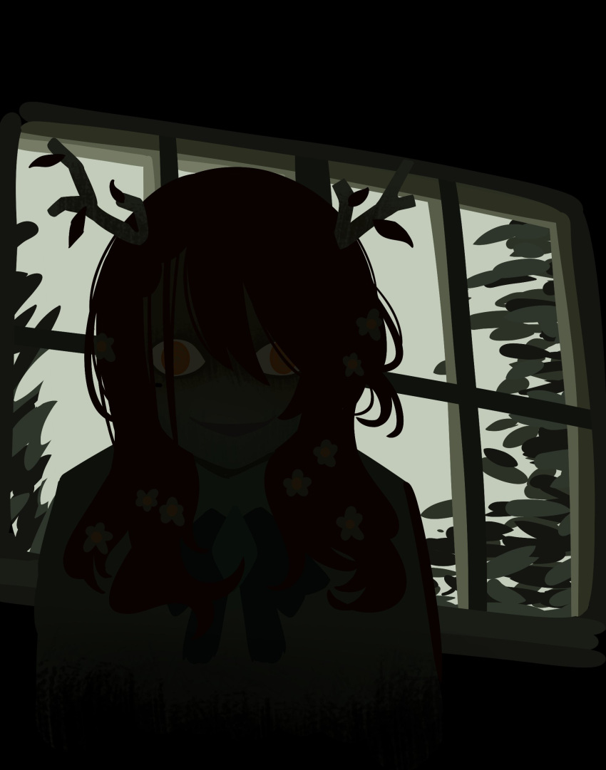 1girl, absurdres, antlers, bow, bowtie, branch, ceres_fauna, dark