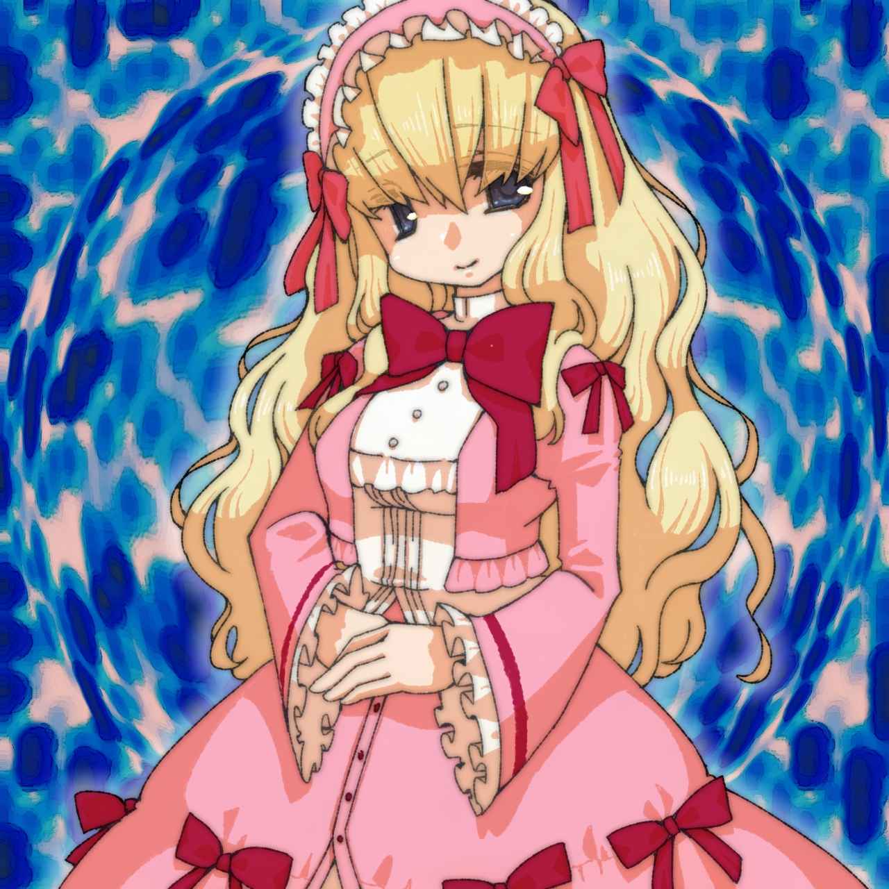 1girl, blonde_hair, blue_eyes, breasts, curly_hair, dress, frills, hair_ribbon