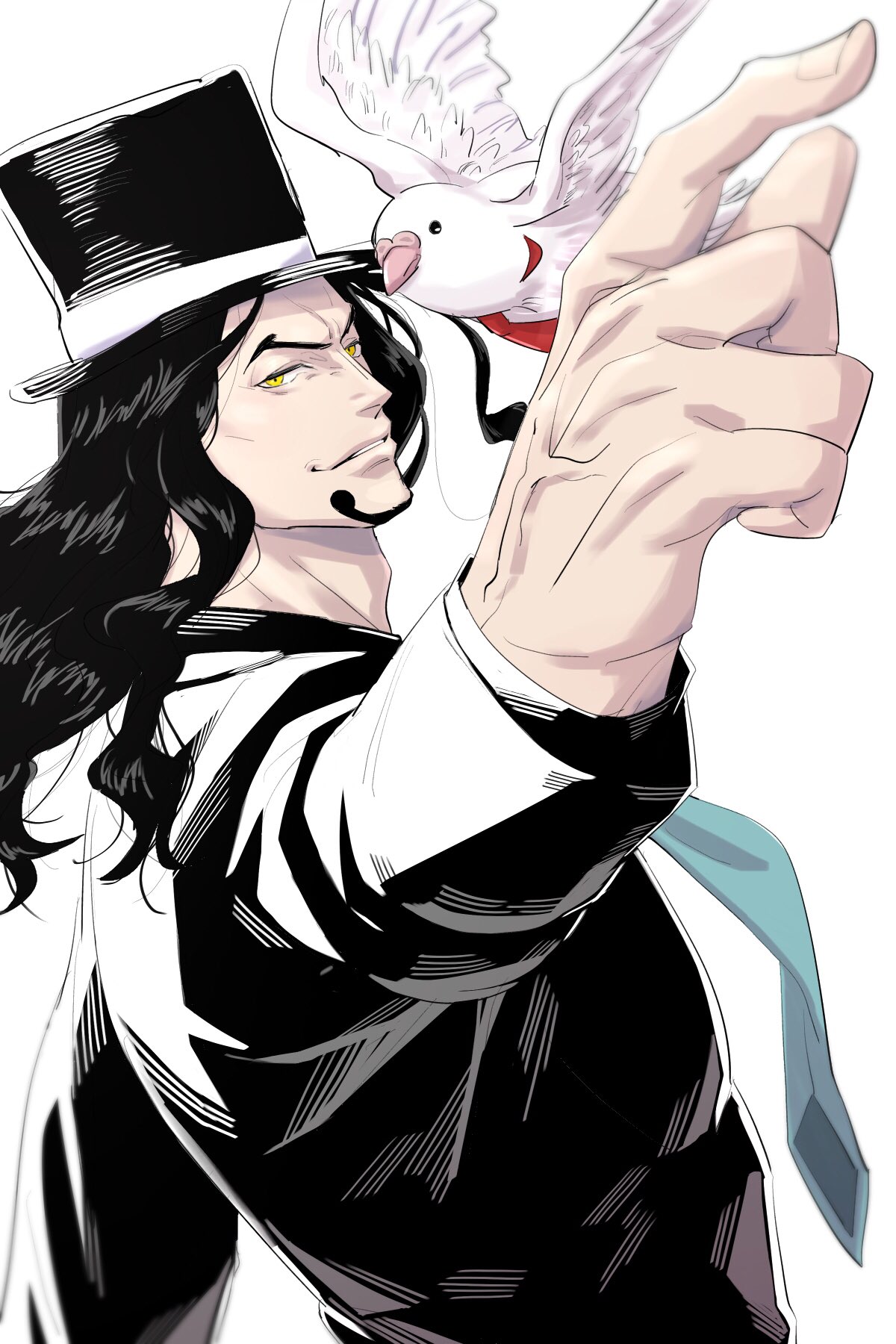 1boy, bird, black_hair, black_hat, black_jacket, blue_necktie, commentary_request, dutch_angle