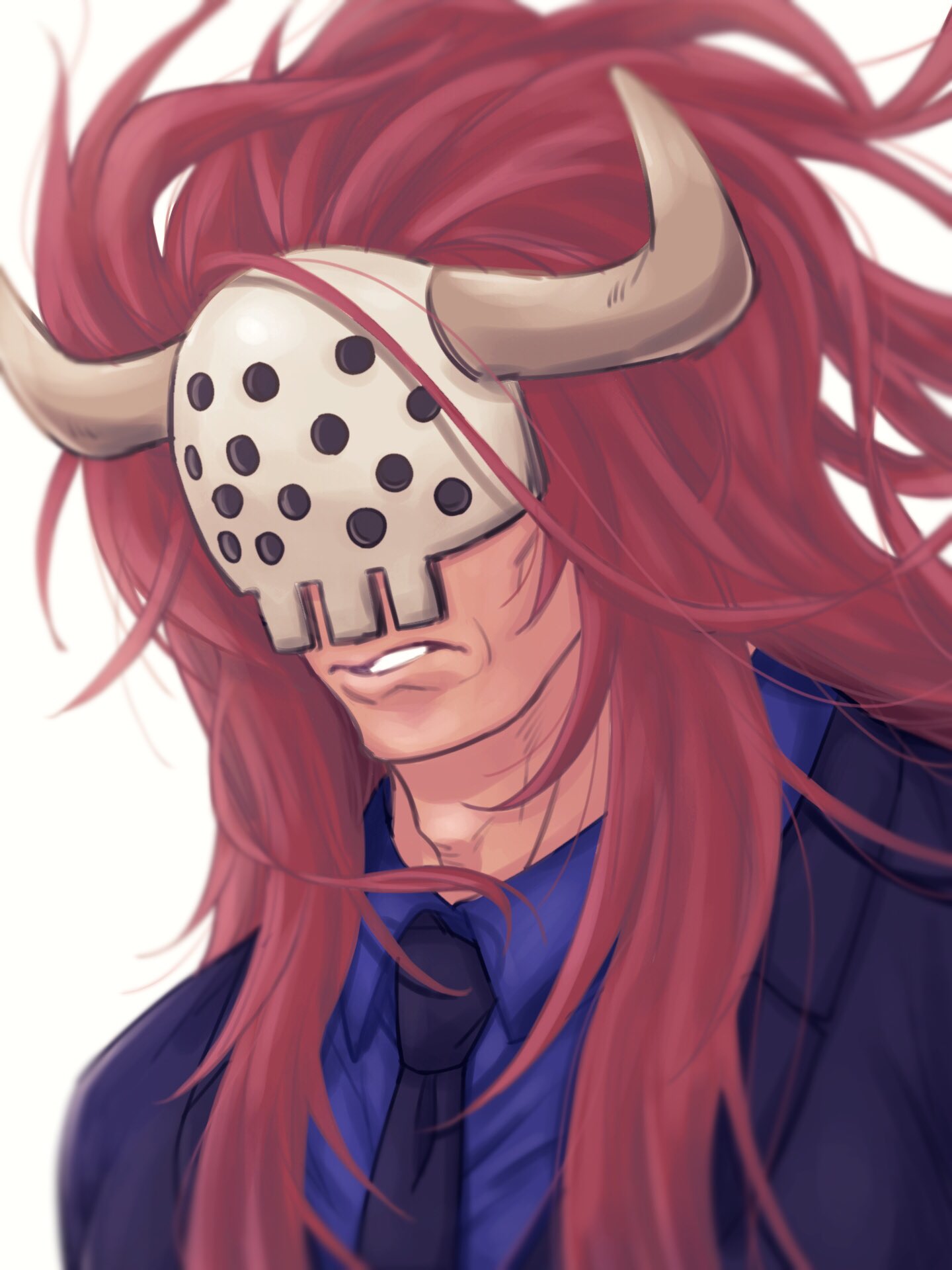 1boy, bastille_(one_piece), black_jacket, black_necktie, blue_shirt, commentary_request, highres, horns