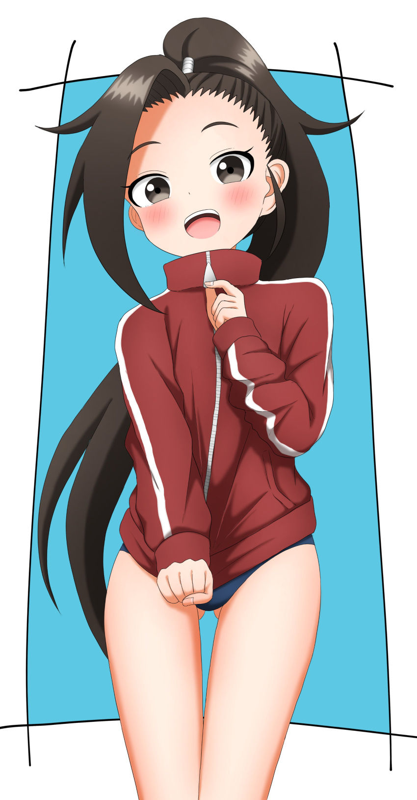 1girl, absurdres, black_eyes, black_hair, blush, buruma, cowboy_shot, high_ponytail
