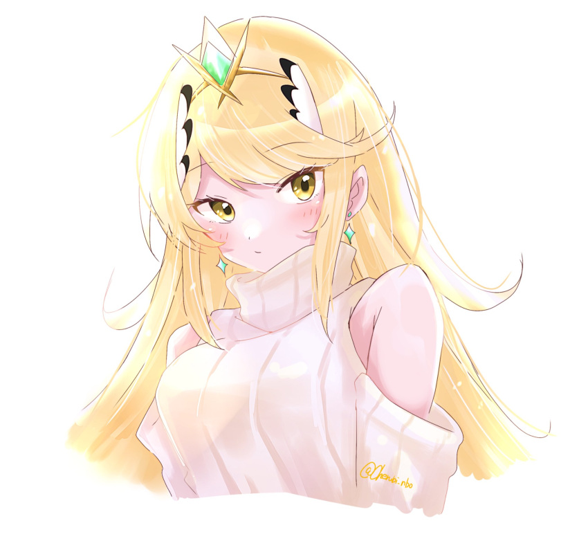 1girl, bare_shoulders, blonde_hair, blush, cherubi_nbo, detached_sleeves, highres, long_hair, mythra_(xenoblade), simple_background, sleeveless, sleeveless_sweater, solo, sweater, tiara, upper_body, white_background, white_sleeves, white_sweater, xenoblade_chronicles_(series), xenoblade_chronicles_2, yellow_eyes