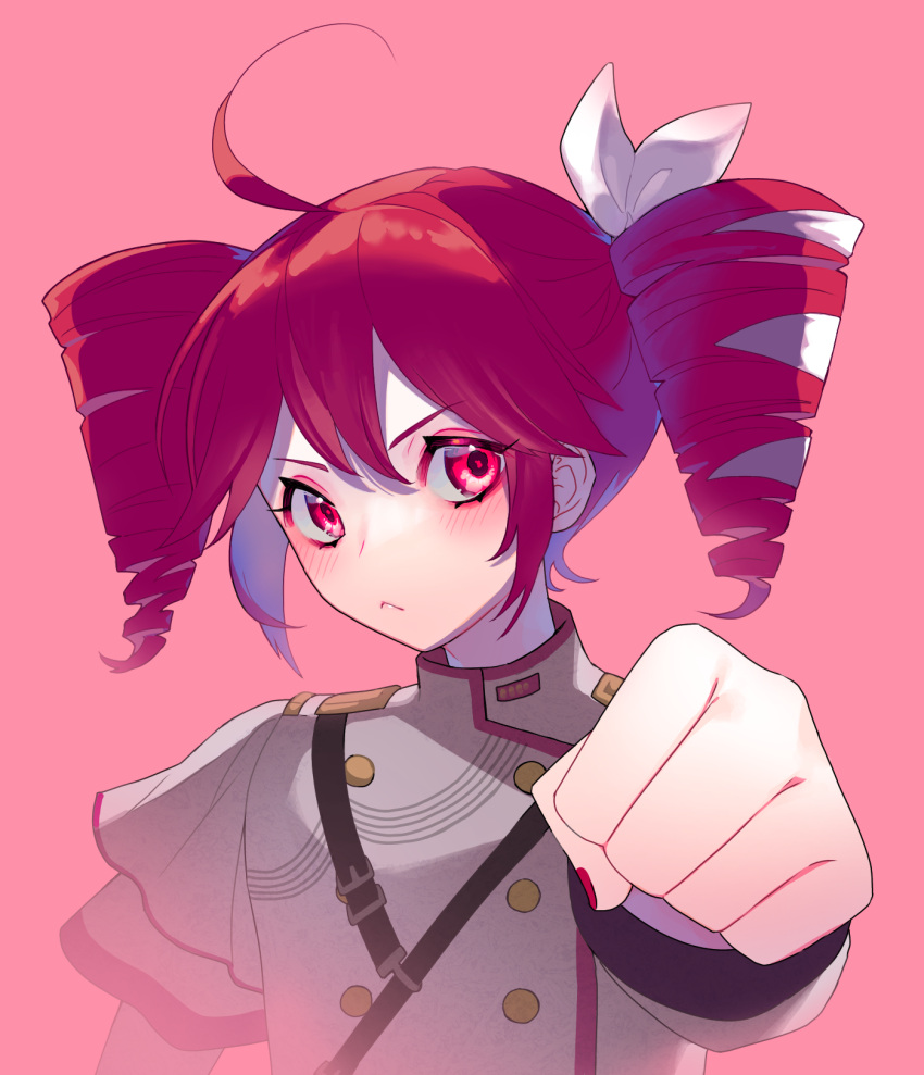 1girl, :<, ahoge, belt, black_belt, blush, bow, buttons, closed_mouth, double-breasted, double-parted_bangs, drill_hair, fingernails, grey_jacket, hair_between_eyes, hair_bow, hair_ribbon, highres, jacket, kasane_teto, kasane_teto_(sv), layered_sleeves, looking_at_viewer, marutsubo, outstretched_arm, pink_background, punching, red_eyes, red_nails, red_trim, redhead, ribbon, shoulder_belt, shoulder_boards, simple_background, solo, striped_clothes, striped_jacket, synthesizer_v, twin_drills, twintails, upper_body, utau, white_bow, whiter_23