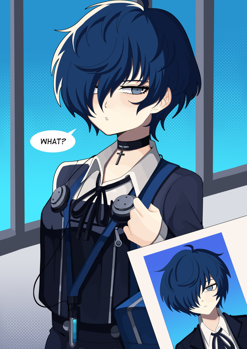 1boy, 1girl, absurdres, bag, black_choker, blue_hair, blush, bobamiruku