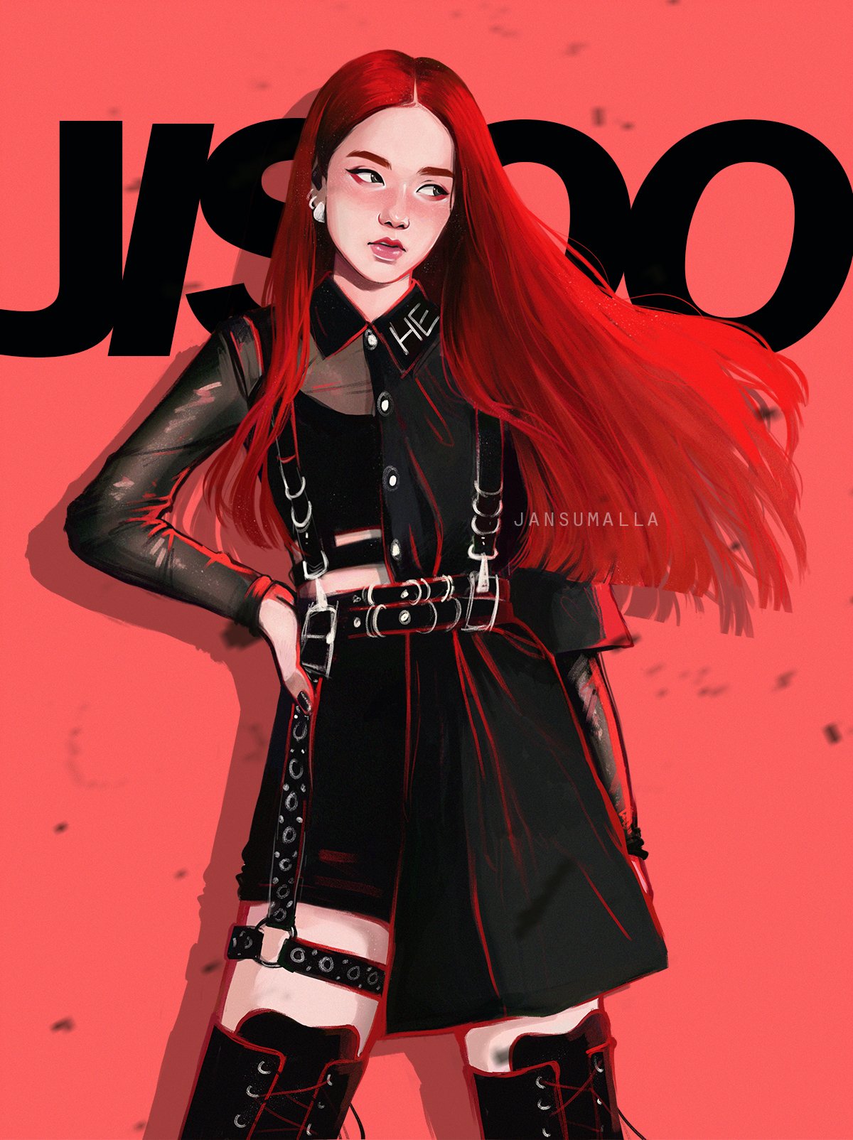1girl, artist_name, black_footwear, black_nails, black_shorts, blackpink, boots, character_name