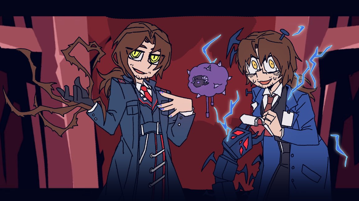 2boys, black_gloves, black_vest, blue_coat, blue_vest, coat, collared_shirt, cowboy_shot