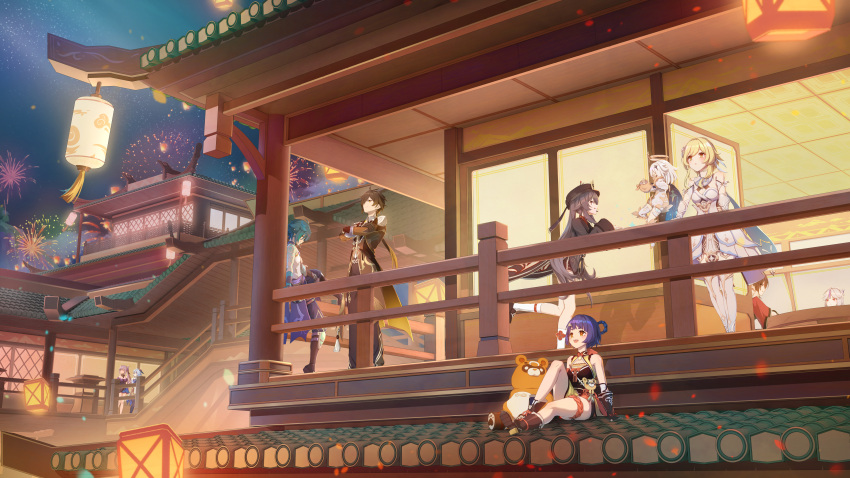 2boys, 6+girls, absurdres, aerial_fireworks, bare_shoulders, beidou_(genshin_impact), black_shorts, blonde_hair