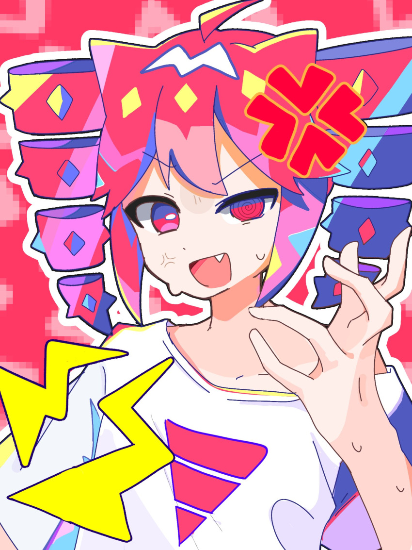 1girl, ahoge, alternate_costume, angry, double-parted_bangs, drill_hair, fang, hair_between_eyes