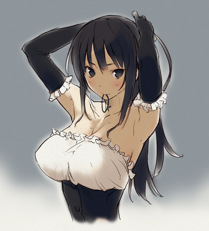 adjusting_hair, akiyama_mio, alternate_costume, armpits, black_eyes, black_hair, blush, breasts