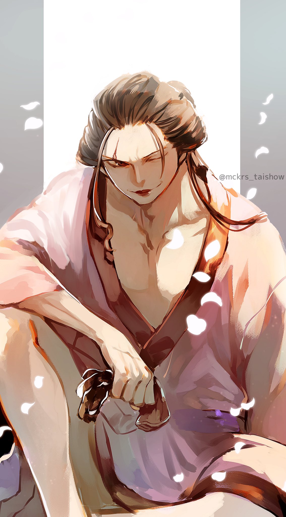 1boy, black_hair, commentary, falling_petals, half_updo, highres, holding, izou_(one_piece)