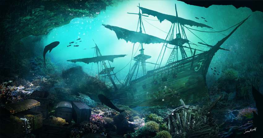 animal, aqua_theme, commentary_request, coral, coral_reef, fish, highres, light_rays