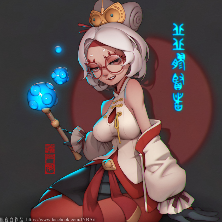 blowing_bubbles, bodysuit, brown_eyes, eyewear_on_head, hair_ornament, hair_stick, headband, holding