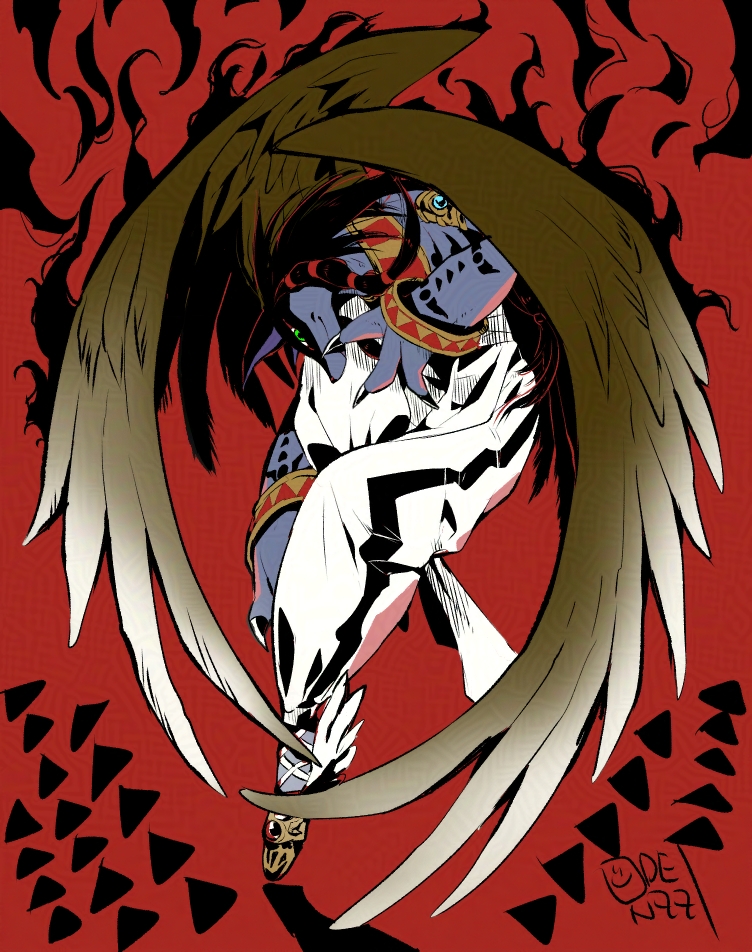 adversarial_noise, anubimon, artist_name, black_hair, body_fur, brown_wings, digimon, digimon_(creature), feathered_wings, full_body, green_eyes, grey_fur, long_hair, looking_at_viewer, oden_(odenzzi), red_background, simple_background, solo, wings
