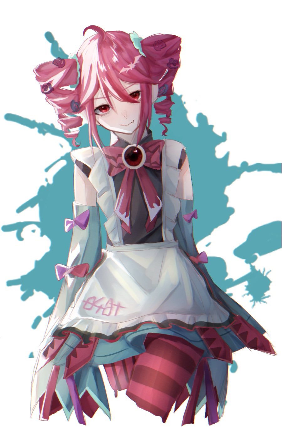 1girl, 393_(rj9kjsr7od32618), ahoge, apron, arms_at_sides, black_dress, black_sleeves, blush, bow, closed_mouth, commentary, cowboy_shot, cropped_legs, detached_sleeves, double-parted_bangs, dress, drill_hair, english_commentary, hair_between_eyes, halloween_costume, highres, kasane_teto, looking_at_viewer, neck_ribbon, official_alternate_costume, pantyhose, pink_bow, red_eyes, red_pantyhose, red_ribbon, redhead, ribbon, simple_background, sleeveless, sleeveless_dress, smile, solo, striped_clothes, striped_pantyhose, twin_drills, twintails, utau, waist_apron, white_apron, white_background