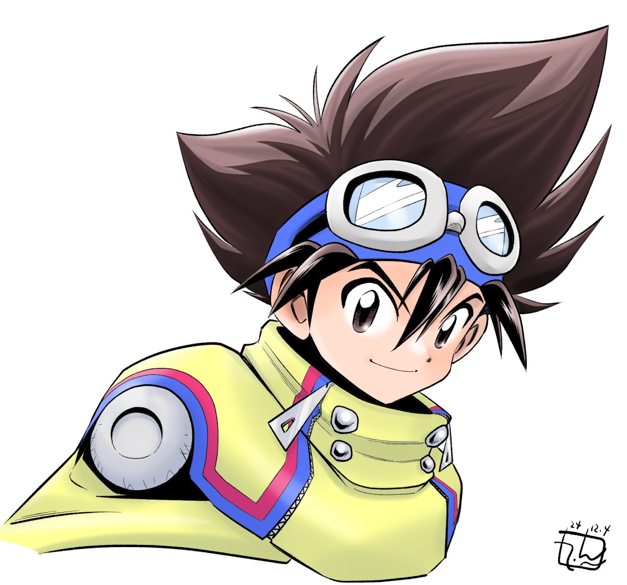 1boy, blue_headband, brown_eyes, brown_hair, digimon, digimon_adventure_v-tamer_01, goggles, goggles_on_head