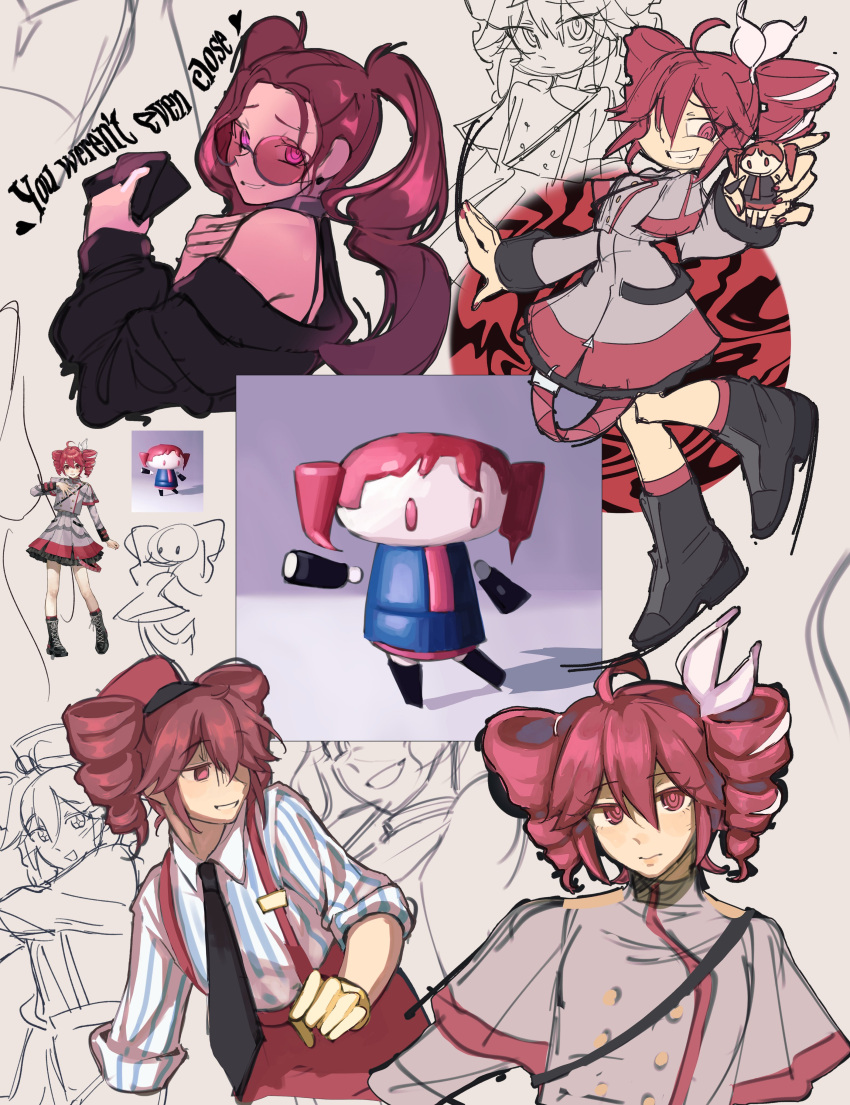 6+girls, absurdres, ahoge, alternate_costume, black_footwear, black_necktie, boots, bow, buttons, collared_shirt, commentary, cross-laced_footwear, double-parted_bangs, drill_hair, dual_persona, english_commentary, evil_grin, evil_smile, flat_chest, glasses, gloves, grey_jacket, grin, hair_between_eyes, hair_bow, hair_ribbon, hat, highres, hito_mania_(utau), jacket, kasane_teto, kasane_teto_(sv), kepi, kneehighs, lace-up_boots, livpoid, mesmerizer_(vocaloid), military_hat, multiple_girls, necktie, off-shoulder_shirt, off_shoulder, panties, pants, red_eyes, red_hat, red_panties, red_trim, redhead, ribbon, round_eyewear, shirt, short_sleeves, shoulder_boards, simple_background, sleeves_pushed_up, smile, socks, songover, striped_clothes, striped_shirt, synthesizer_v, twin_drills, underwear, utau, white_bow, white_ribbon, wildcard_(synthesizer_v), wing_collar, yellow_gloves