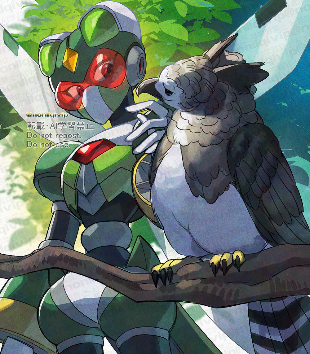 1boy, armor, assault_visor, beak, bird, commander_yammark_(mega_man), green_armor, humanoid_robot, insect_wings, looking_at_another, male_focus, mega_man_(series), mega_man_x6, mega_man_x_(series), outdoors, red-tinted_eyewear, robot, talons, tinted_eyewear, wings, yamanashi_taiki