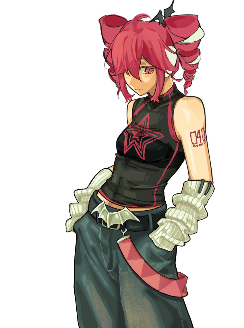1girl, ahoge, arm_tattoo, belt, black_belt, closed_mouth, commentary, contrapposto, double-parted_bangs, drill_hair, english_commentary, hair_between_eyes, hair_over_one_eye, hair_ribbon, hands_in_pockets, highres, kasane_teto, livpoid, midriff_peek, number_tattoo, one_eye_closed, pants, pocket, red_belt, red_eyes, red_tattoo, redhead, ribbon, shirt, shoulder_tattoo, sleeveless, sleeveless_shirt, smile, solo, tattoo, twin_drills, twintails, utau, white_ribbon