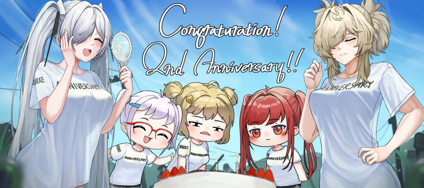 5girls, absurdres, anis_(nikke), blonde_hair, blush, breasts, cake, cinderella_(nikke)