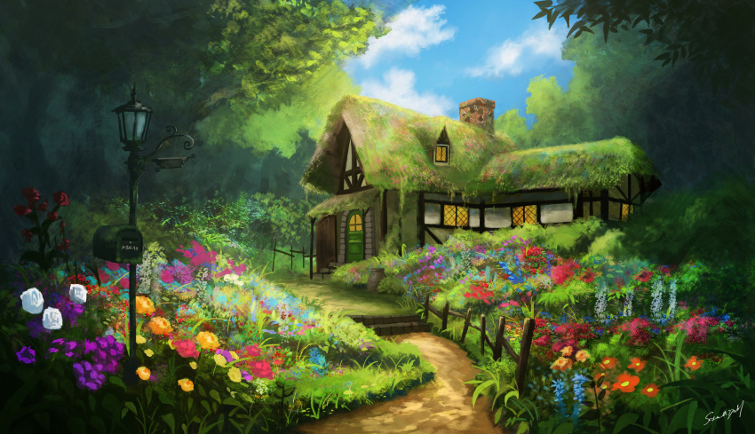 absurdres, architecture, blue_flower, chimney, clouds, commentary_request, cottage_(building), fence, flower, garden, green_theme, highres, lamppost, leaf, mailbox_(incoming_mail), miyabisaito, moss, nature, no_humans, original, outdoors, pink_flower, plant, red_flower, scenery, sky, tree, white_flower, window, wooden_fence, yellow_flower