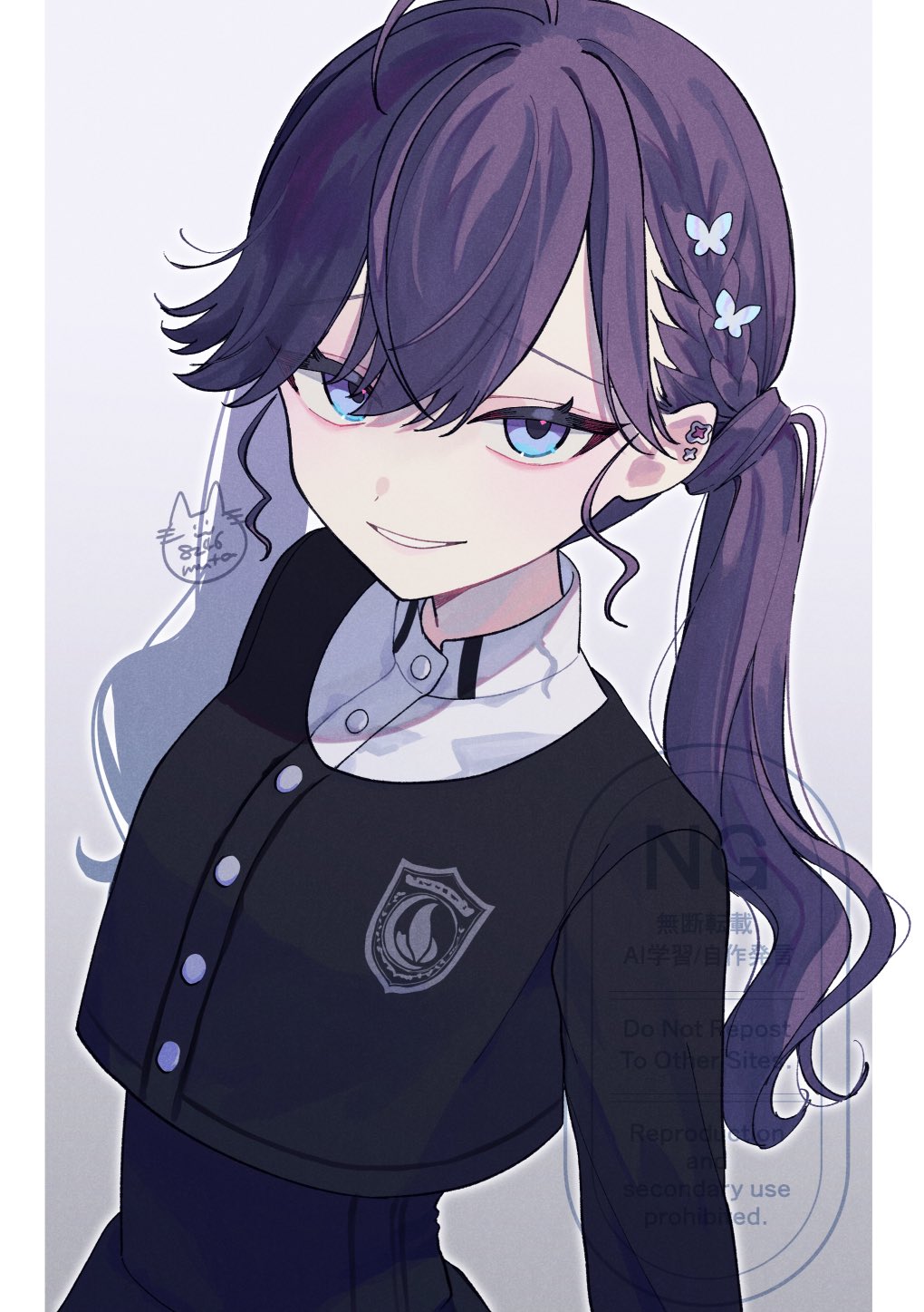 1girl, ahoge, black_jacket, blue_eyes, braid, butterfly_hair_ornament, commentary_request, ear_piercing