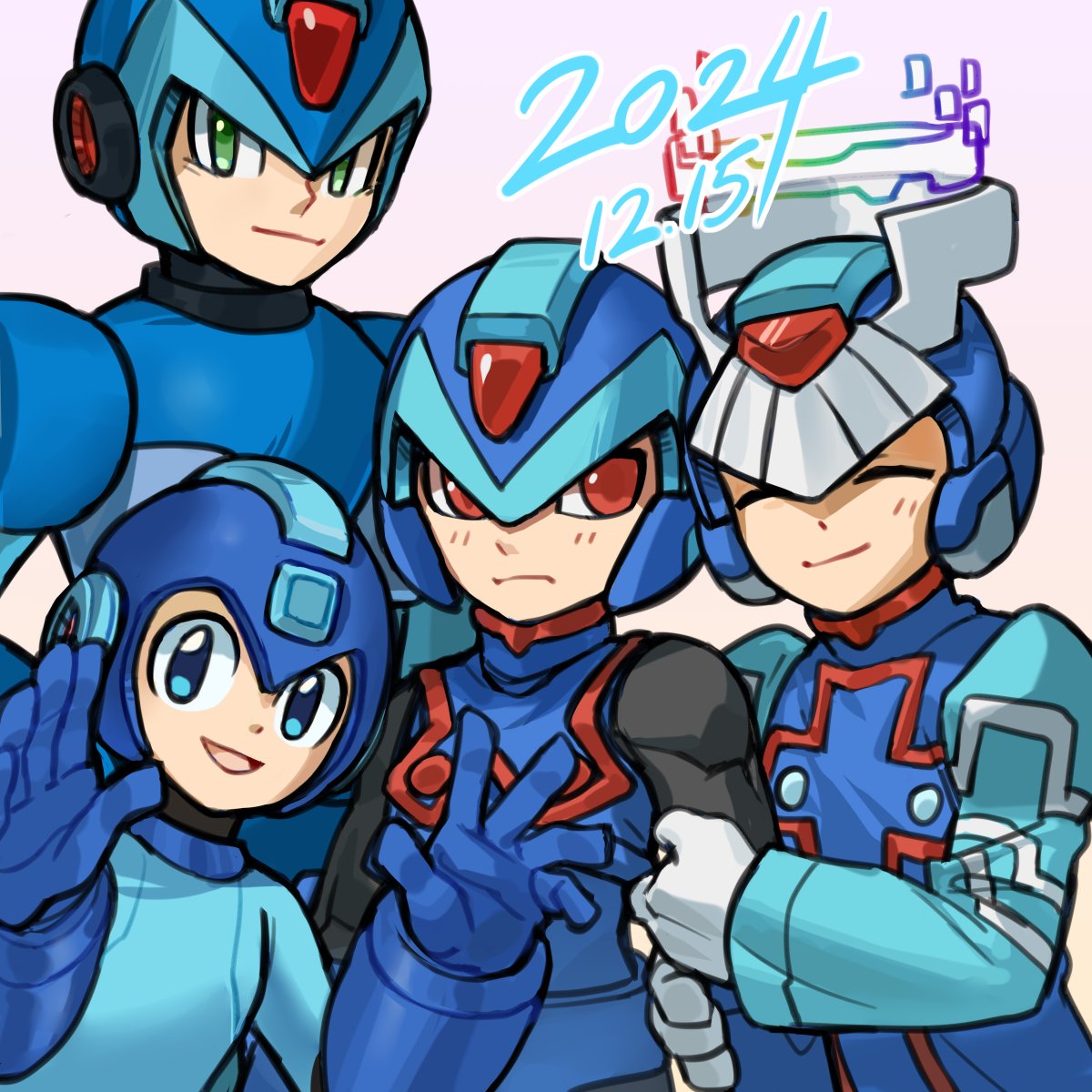 4boys, armor, bi_51334, blue_armor, blue_eyes, blue_helmet, blue_robe, closed_eyes, copy_x_(mega_man), cyber_elf_x_(mega_man), dated, forehead_jewel, green_eyes, helmet, highres, in-franchise_crossover, male_focus, mega_man_(character), mega_man_(classic), mega_man_(series), mega_man_x_(series), mega_man_zero_(series), multiple_boys, red_eyes, robe, simple_background, trait_connection, x_(mega_man)