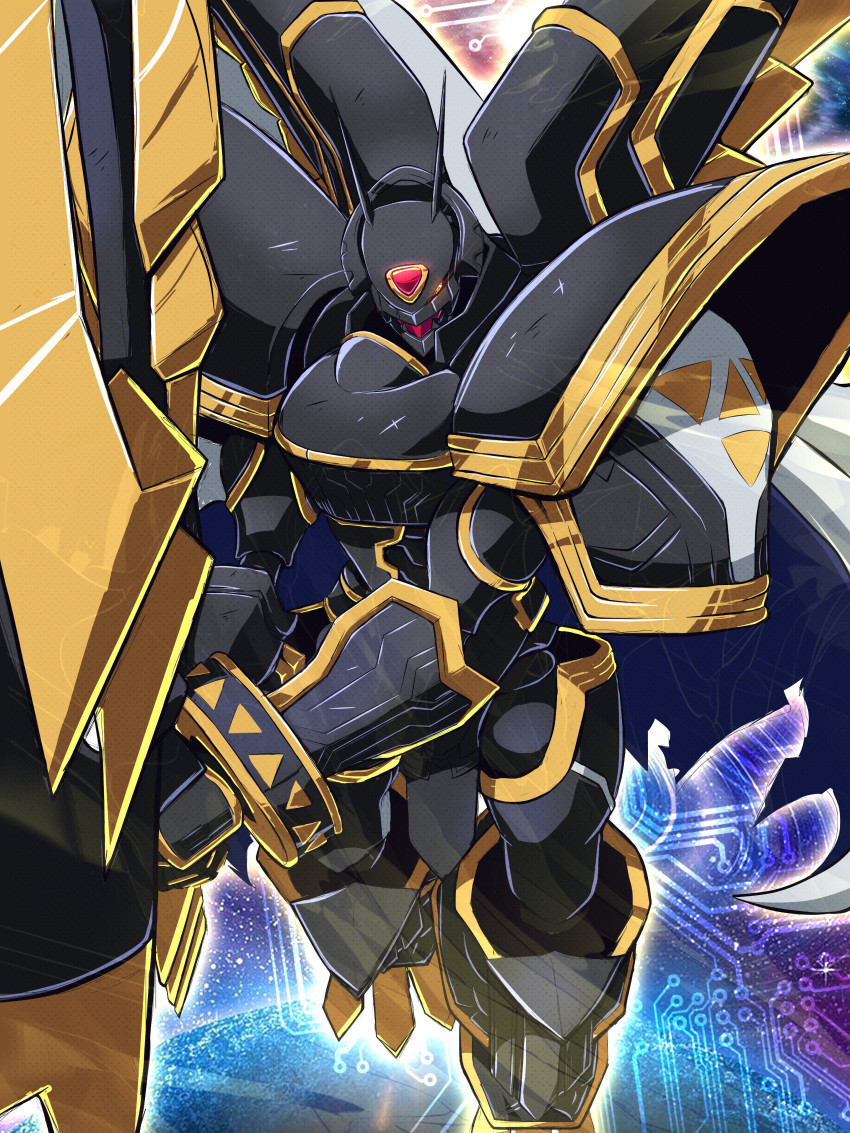 absurdres, alphamon, armor, black_armor, cape, digimon, digimon_(creature), forehead_jewel