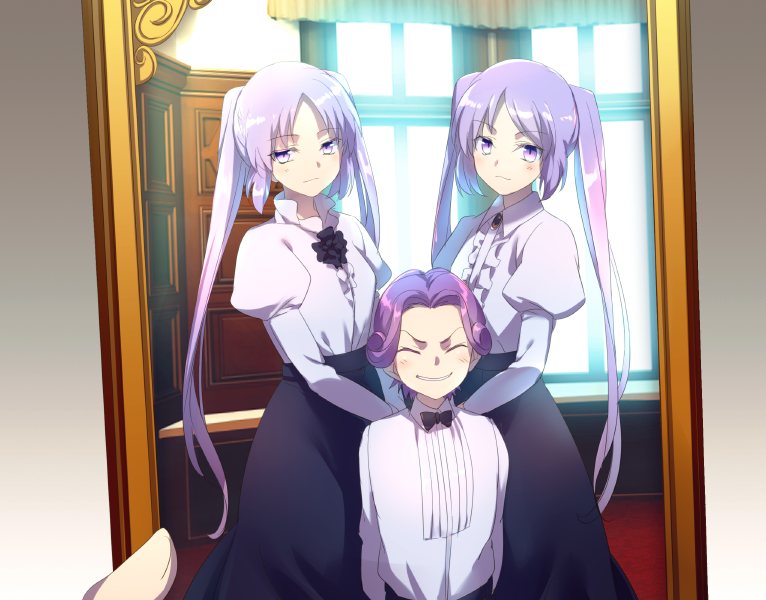 1boy, 2girls, aged_down, alternate_costume, black_bow, black_bowtie, blush, bow