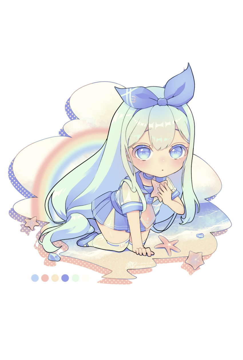 1girl, anchor_(nikke), bikini, blue_eyes, blue_hair, blue_sailor_collar, breasts, chibi, goddess_of_victory:_nikke, hair_ornament, hair_ribbon, highres, large_breasts, long_hair, looking_at_viewer, rainbow, ribbon, sailor_collar, sand, see-through_clothes, shirt, starfish, swimsuit, yashima_xx