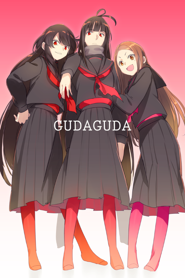 3girls, black_hair, black_scarf, black_shirt, black_skirt, breasts, brown_eyes, brown_hair