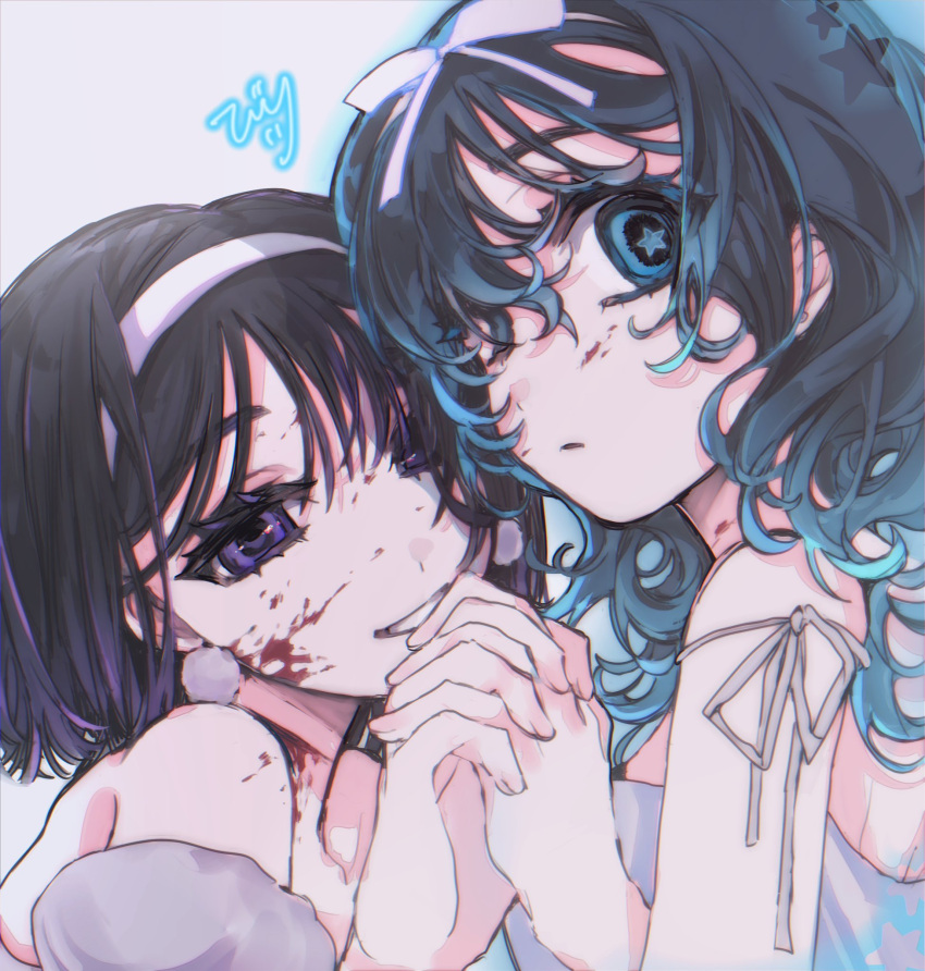 2girls, alien_stage, black_hair, blood, blood_from_neck, blood_on_face, blood_splatter, blue_eyes
