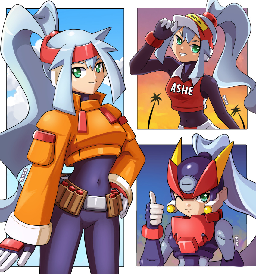 absurdres, alternate_costume, armor, ashe_(mega_man), black_bodysuit, black_helmet, blue_hair, bodysuit