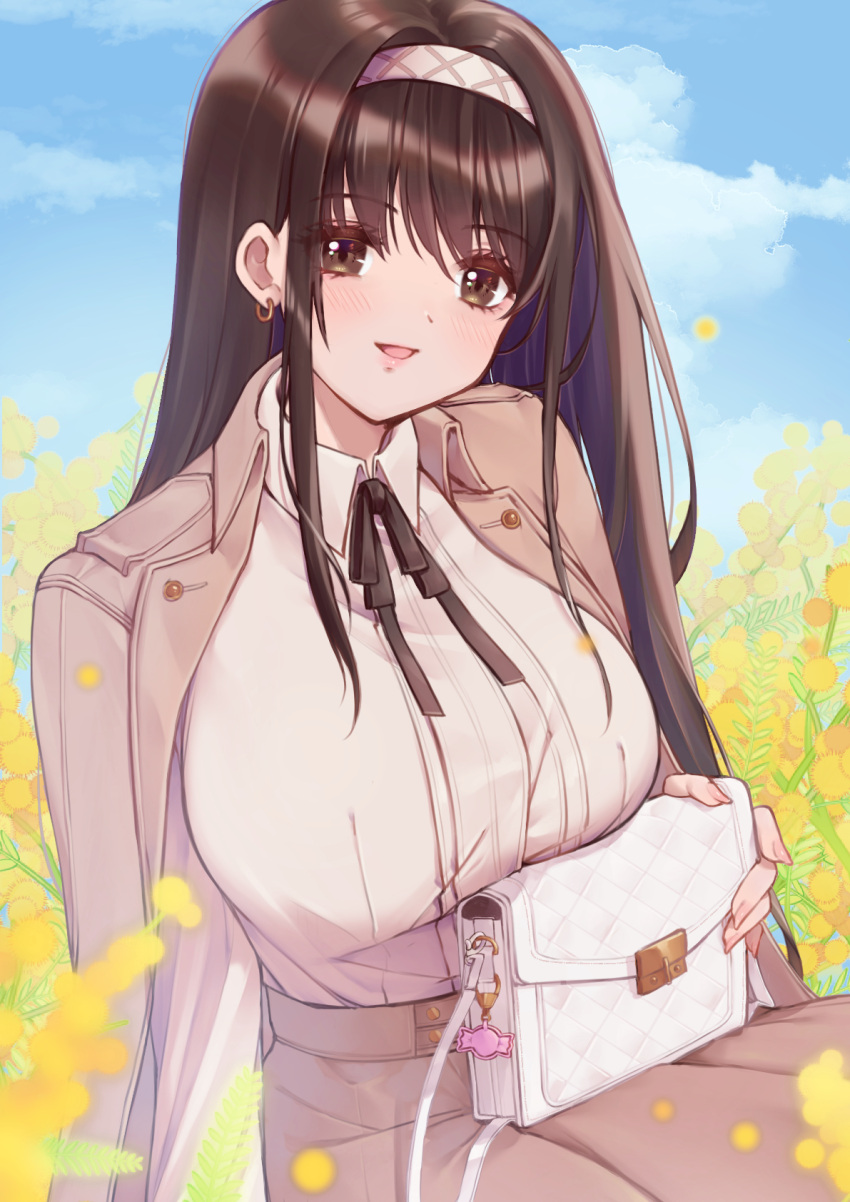 1girl, bag, black_hair, black_ribbon, blush, breasts, brown_skirt, chami_(charming621)