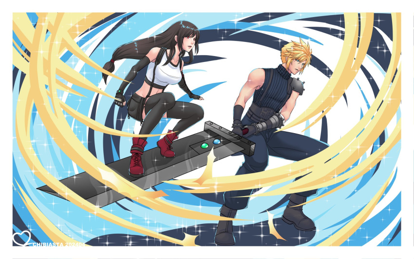 1boy, 1girl, armor, baggy_pants, bare_shoulders, black_gloves, black_hair, black_skirt